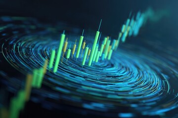 Abstract depiction of a stock market graph with concentric circles, light and shadow play