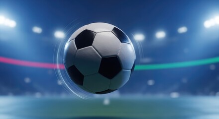 Fototapeta premium White and black leather soccer ball on a stadium field under the bright sport lights before the big game