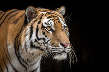 A majestic portrait of a wild Bengal tiger gazing intently with piercing amber eyes, isolated against a dramatic dark black background in the wilderness
