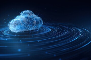 A digital cloud shape glowing above swirling light trails against a dark blue backdrop