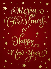 Elegant golden lettering on red background with festive decorations. Vector illustration. Perfect Christmas and New Year greeting card