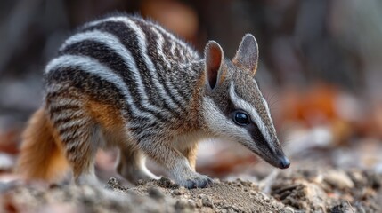 World Numbat Day. A close-up of the side view profile photo of a numbat walking through leaves and moss, showcasing its distinctive stripes on its fur and short tail in its natural habitat.