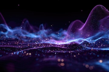 Abstract purple and blue digital waves with sparkling light particles, dark background