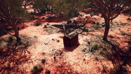 A weathered wooden chest sits alone in a serene, sun drenched desert area. Surrounding it are scattered stones and sparse vegetation, creating an atmosphere of curiosity and solitude.
