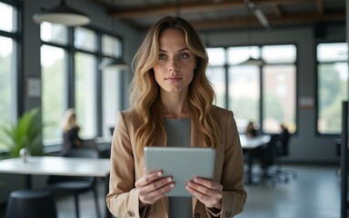 Fototapeta premium Curious woman holding tablet in modern office. High quality