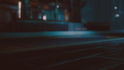 Quiet urban scene reveals a deserted street at night, with cobblestones reflecting soft light from lamps above. Shadows create a mysterious atmosphere in this tranquil setting.