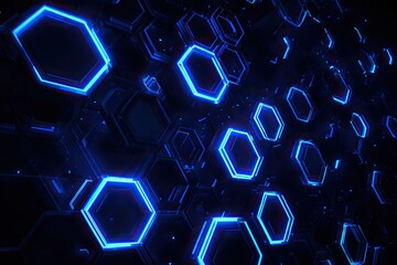 Abstract perspective view of glowing blue hexagons on a dark background