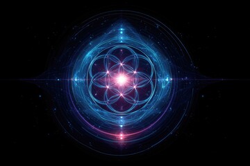 A cosmic digital composition with geometric forms, radiating light, and a vibrant color palette