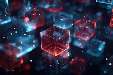 Abstract artistic display of glowing, transparent cubes with red and blue lighting effects