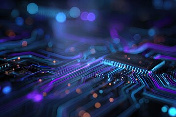 A close-up of an abstract, illuminated computer circuit board with glowing light trails