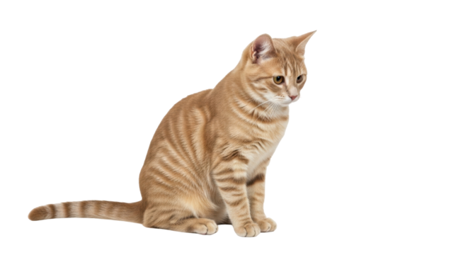 Isolated ginger cat sitting looking down to the side, beautiful striped tabby, feline friend