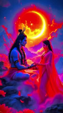 Indian Hindu Lord Shiva and Goddess Parvati holding hands in heaven with clouds and crescent moon background on the hills. Devine couple love romance in sky. Krishna. Love in the air. God love. AI.