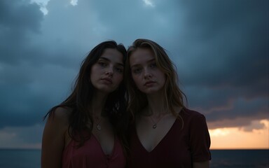 A two young attractive women against stormy sky in the evening. High quality