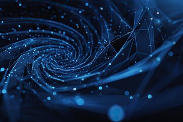 Abstract blue digital network with illuminated dots and connection lines, forming a spiral
