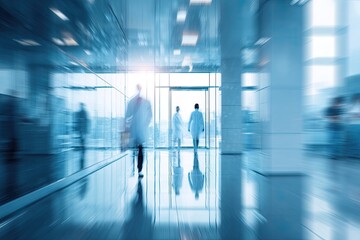 Blur of figures in white coats walking through a modern, glass-walled medical facility