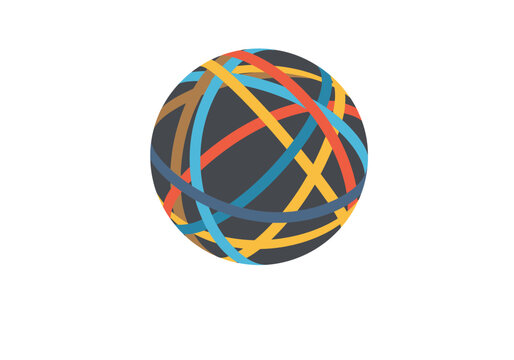 Abstract icon of a dark gray sphere entangled with colorful, intersecting bands representing a global network.