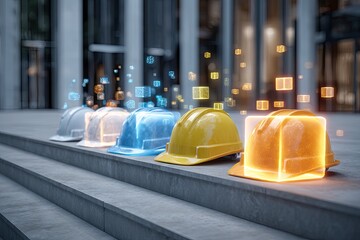 Composite shot of construction helmets with digital cubes emanating, set on stone steps