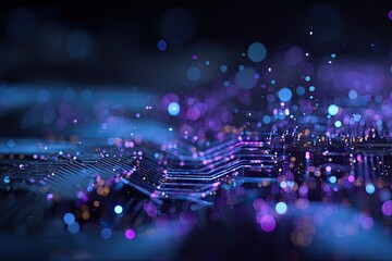 Close-up of a circuit board with illuminated dots in shades of blue and purple