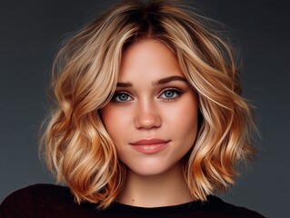 Fototapeta premium A woman with blonde hair and blue eyes is posing for a picture