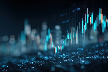 Digital abstract of financial data analysis. Bokeh city outline in dark tones. Blue & orange graphs