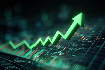 A vibrant green arrow pointing upwards against a backdrop of stock market data