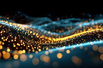 A wavy abstract design of glowing golden and teal bokeh lights against a dark background
