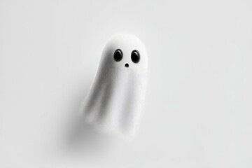 Adorable cartoonish ghost illustration against a stark white background, simple and minimalistic