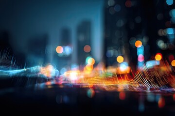 Abstract city night scene, blurred lights and building outlines creating a dynamic bokeh effect