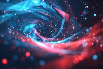 Abstract digital art showcasing a swirl of red and blue with blurred circular lights and particles