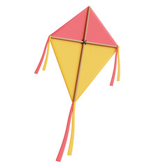 Isolated Red and Yellow Kite on Transparent Background with String Streamers Simple Childhood Toy Wind Powered Flying Object Minimalist Design Render