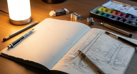 Artistic workspace with open sketchbook and watercolor paints.