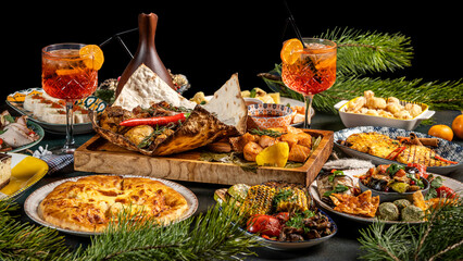 Festive Christmas and New Year banquet with drinks and traditional food