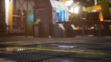 A bustling industrial workspace features advanced machinery designed for cutting edge production. Bright lights illuminate the equipment, highlighting the intricate details and vibrant colors.
