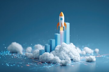 A rocket blasts off from a bar graph, with clouds at the bottom and digital details around