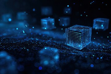 Digital blue cubes, illuminated, floating above a textured surface, in a dark futuristic setting