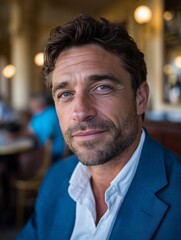 Fototapeta premium A man in a blue suit sitting at a table
