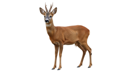 Isolated roe deer standing alert and cautious looking at camera outside in nature