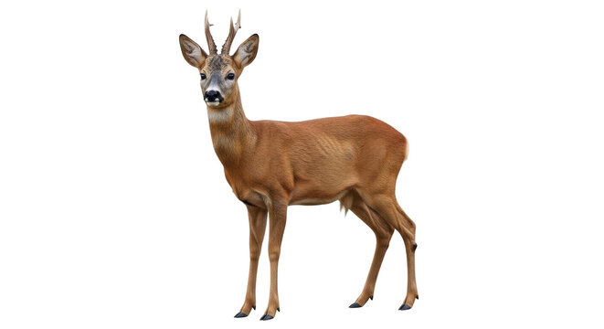 Isolated roe deer standing alert and cautious looking at camera outside in nature