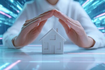 A person shields a tiny house with hands, creating an image of protection against a digital background