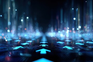 Abstract illustration of a pathway with glowing blue arrows and vertical light streaks