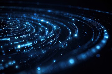 Abstract swirling blue lights and data streams radiating outward on a dark background