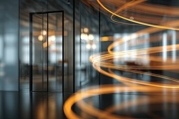 Interior office scene with glass walls, an open door, and abstract golden light streaks