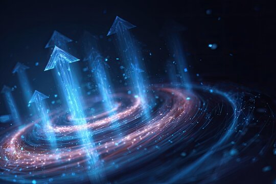 Abstract digital artwork of glowing arrows pointing upwards over swirling rings of light and particles