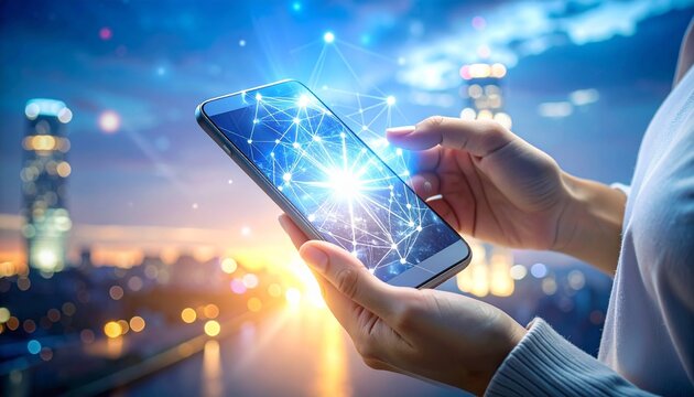 Smartphone glows with digital network overlay, symbolizing urban connectivity, data exchange, and tech transformation.