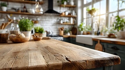 Clean, empty wooden kitchen countertop is in the foreground. A modern, stylish kitchen is beautifully blurred in the background, bathed in soft, natural morning light.