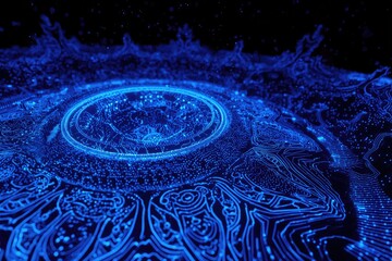Futuristic blue glowing circuit design on a dark background; circular elements and detailed patterns