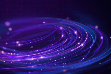 An abstract digital illustration of swirling, glowing, purple and blue light trails against dark backdrop