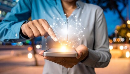 Smartphone interaction sparks digital network glow, symbolizing data flow, connectivity, and tech engagement.