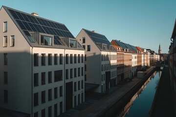 Modern apartment buildings with solar panels along a canal in a city at sunrise roof