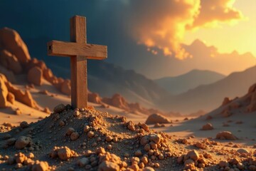 Ash Wednesday Golgotha scene Cross drawn in sand , Holy, Hope, Desert